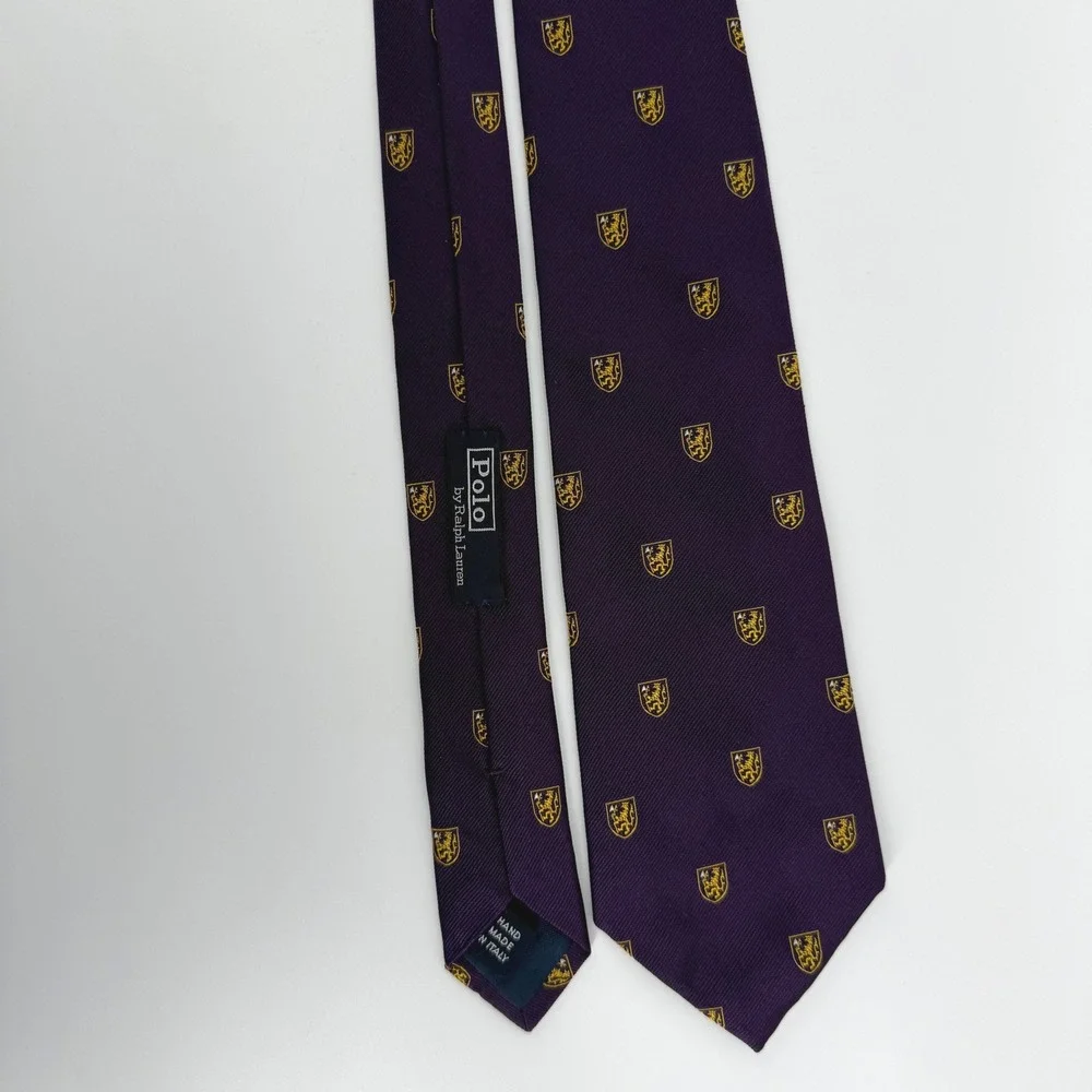Vintage Polo Ralph Lauren Purple Silk Repp Tie Crested Lion Emblematic Italy